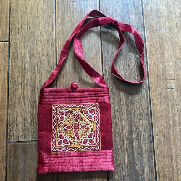 Handbags - Vintage Red Silk Kutch Embroidered Sling Bag Mirror Work Boho Purse